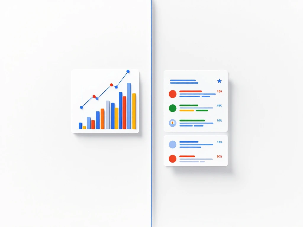Minimalistinen jako-näkymä Google Analyticsin datavisualisoinnista ja Google Search Consolen hakutuloksista sinisellä viivalla erotettuna, abstraktilla tyylillä.