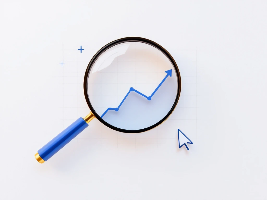 Suurennuslasi verkkosivuanalytiikan kaavion yllä. Minimalistinen datakuvio Google-väreissä ja kursorikuvake valkoisella taustalla.