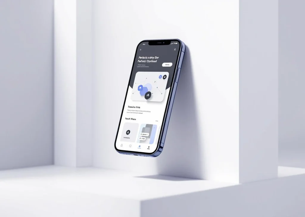 Älypuhelin näyttää optimoitua verkkosivustoa, ympärillä mobiilisuunnittelun kuvakkeita ja geometrisiä muotoja