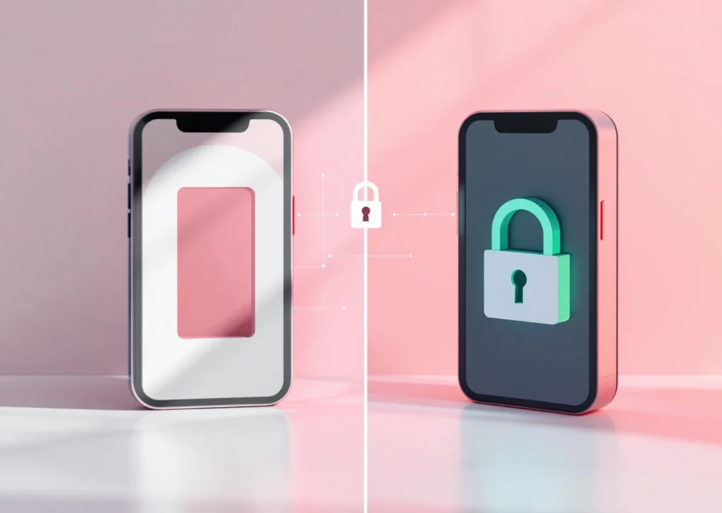 Jaettu näkymä HTTP:n haavoittuvasta punaisesta muodosta ja HTTPS:n turvallisesta vihreästä lukitusta muodosta