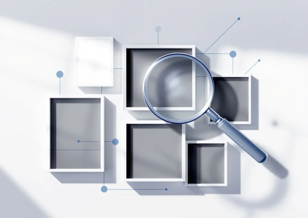 Geometrinen ruudukko kuvaruutuja valkoisella taustalla, suurennuslasikuvake ja siniset yhdysviivat optimointia varten
