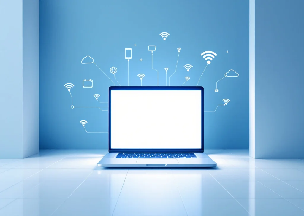Kannettava tietokone keskellä, ympärillä kelluvia wifi- ja verkkoyhteyksiä kuvaavia geometrisiä kuvakkeita sinivalkoisella taustalla