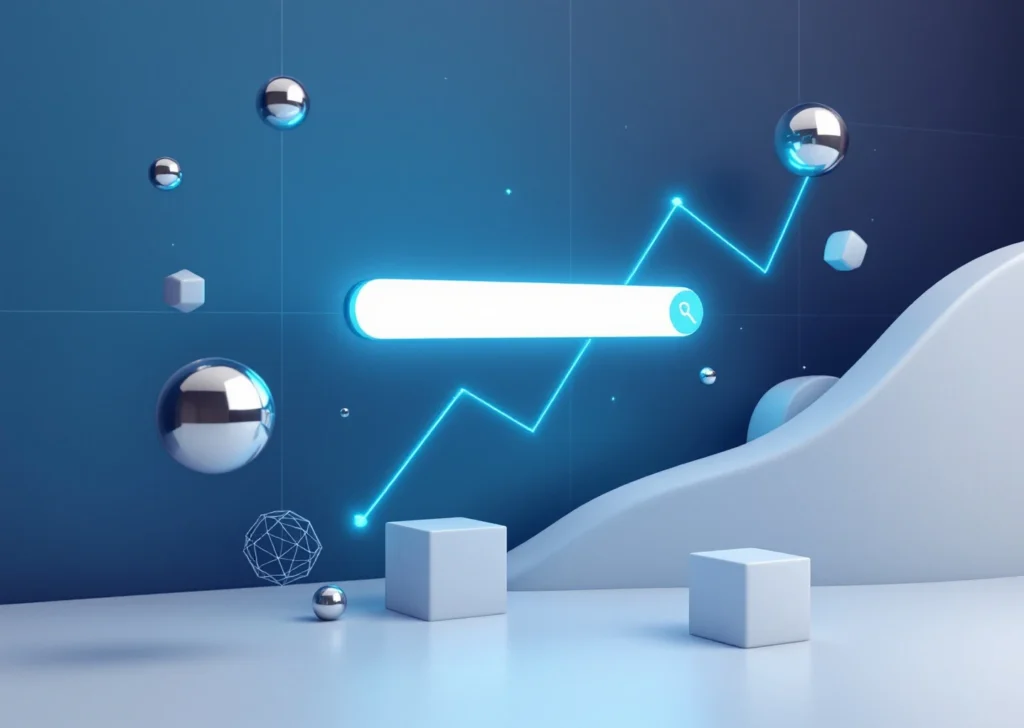 Valkoinen hakupalkki lähettää sinisiä valonsäteitä, jotka muuttuvat nousevaksi dataviivaksi tummansinisellä taustalla
---
**Metadata:**
- Characters: 124
- Language: Finnish
- Focus: Search bar, light rays, upward trend
- Keywords: hakupalkki (search bar), data, nouseva (upward)