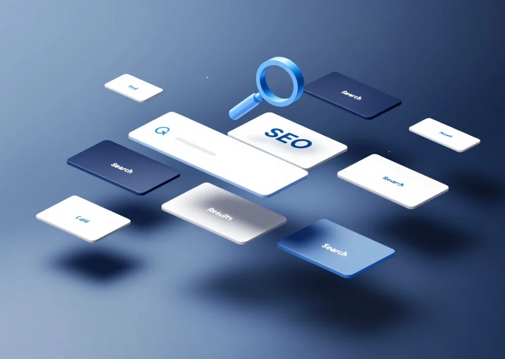 Hakutulokset-käyttöliittymä kolmiulotteisessa tilassa magnifying glass -ikonin kanssa, minimalistinen SEO-suunnittelu