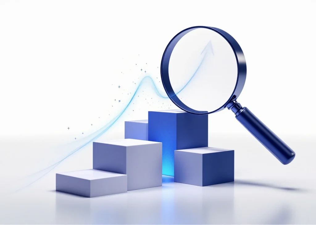 Suurennuslasi geometristen lohkojen yläpuolella, jotka symboloivat SEO-optimointia ja kasvua