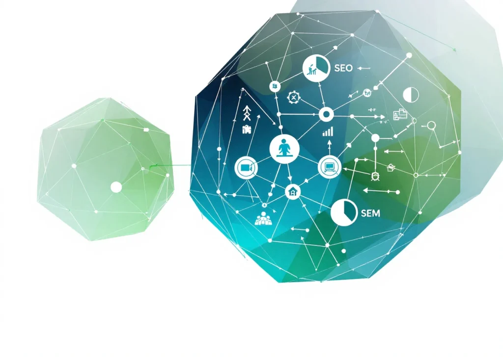 Kolme geometrista osiota esittää SEO-, SEA- ja SEM-käsitteitä yhdistettynä nuolilla valkoisella taustalla